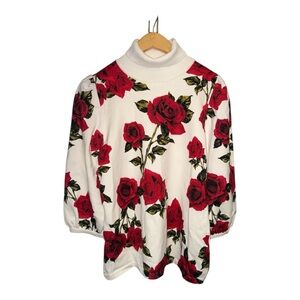 Boston Proper White Red Rose Floral Turtleneck Sweater Tunic Romantic